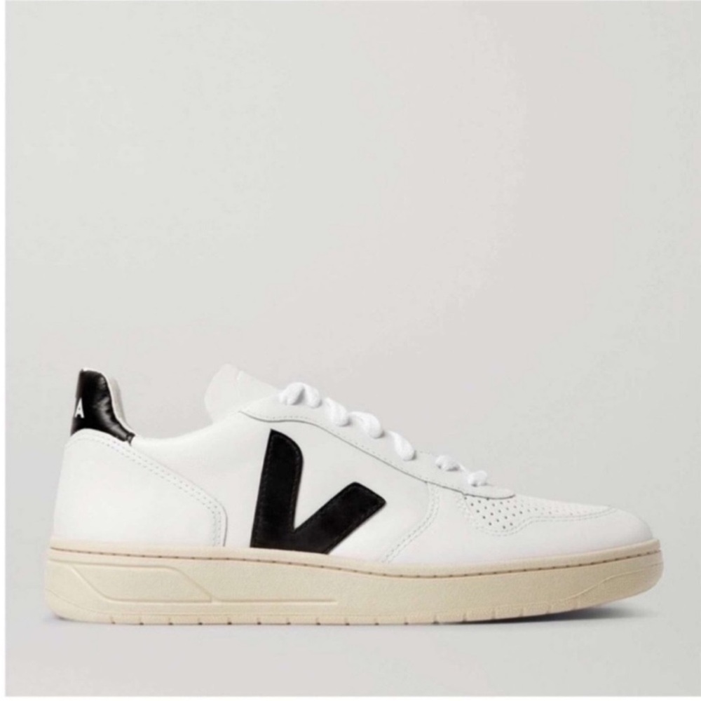VEJA V-10 Rubber-Trimmed Leather Sneakers
White/Black